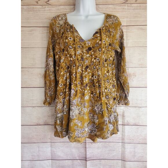 Free People Lucky Loosey Floral Print Mini Dress XSmall MustardLong Sleeve - Picture 1 of 5